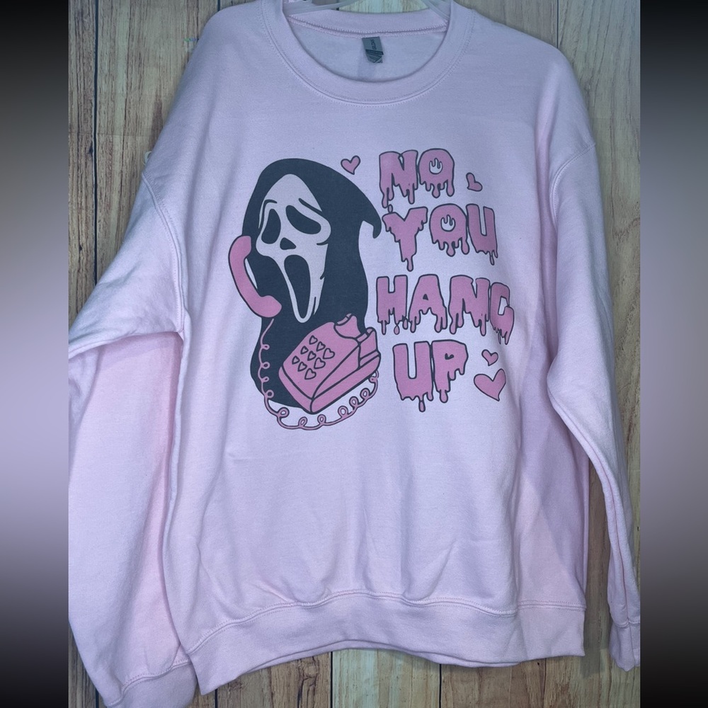 Scream No You Hang Up Scary Movie Crewneck Sweat Shirt Pink NEW